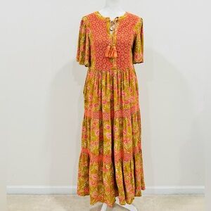 DOWNEAST Floral Tiered Maxi Dress Boho Cottagecore Green Orange Crochet‎ XS